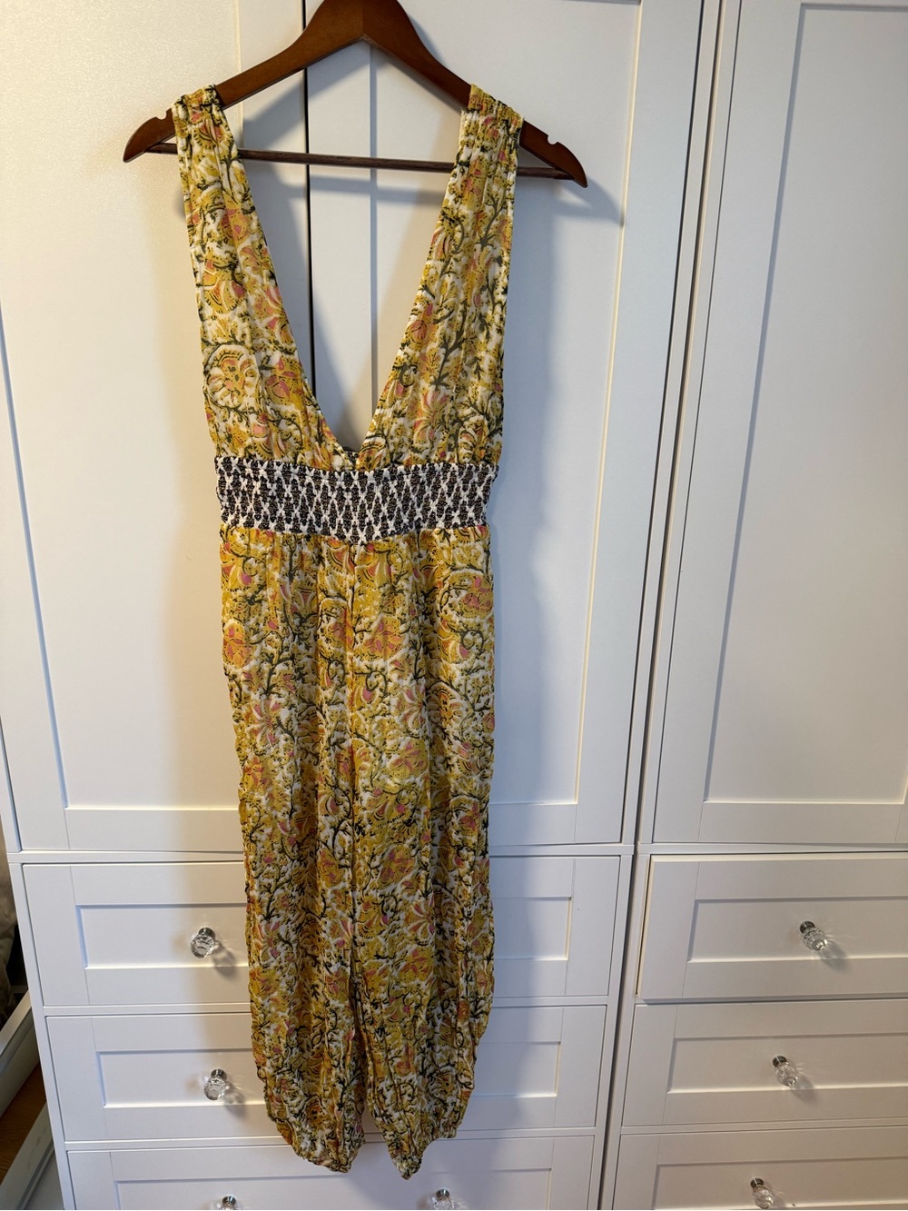 Free People Yellow Floral Deep V Jumpsuit with Smocked Waistband
